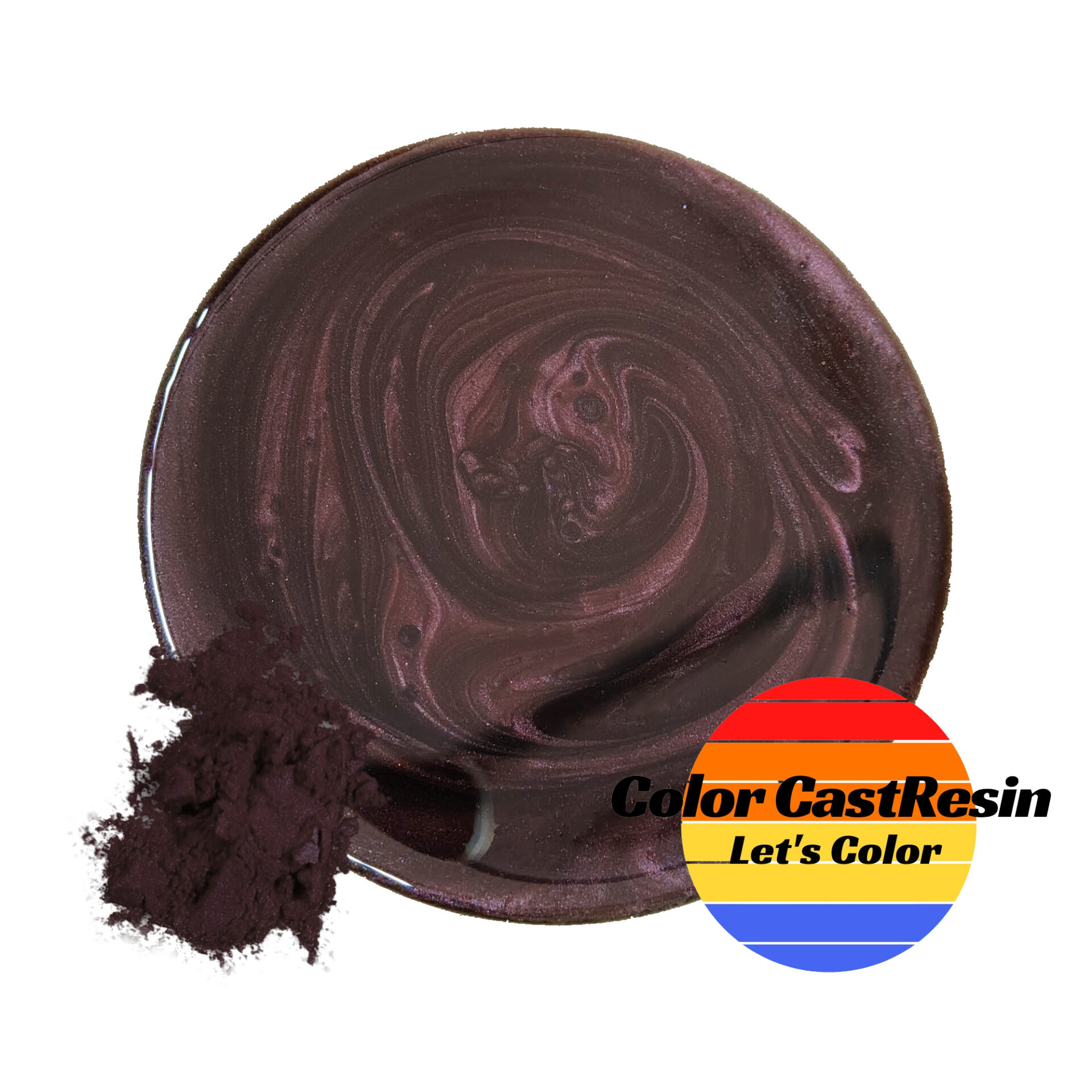 Śliwkowy Fioletowy ColorCastResin — ciemnofioletowy pigment w proszku i perłowa próbka z logo